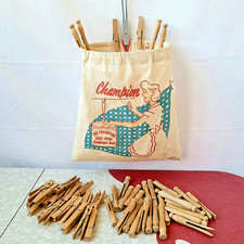 Bolsa de pinos vintage Champion Stay Open 53 prendedores de roupa de madeira cabide de metal comprar usado  Enviando para Brazil