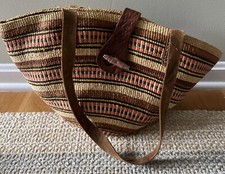 Bolsa tote de sisal tecido vintage alças de couro boho, usado comprar usado  Enviando para Brazil