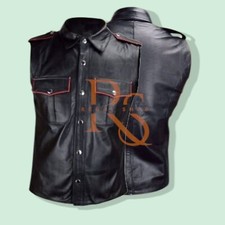 Camisa masculina de couro preta sem mangas estilo botão para baixo couro de cordeiro genuíno comprar usado  Enviando para Brazil