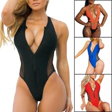 Women's Sexy Splicing Mesh One Piece Swimsuit Monokini Zipper Front Bathing Suit, używany na sprzedaż  Wysyłka do Poland