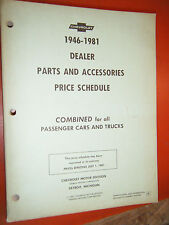1946-1981 CHEVY CONCESIONARIO TURISMOS CAMIONES REPUESTOS Y ACCESORIOS CALENDARIO DE PRECIOS segunda mano  Embacar hacia Mexico