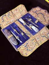 Antiguo Juego de Manicura Pedicura - Estuche de Cuero Genuino y Tela. segunda mano  Embacar hacia Mexico