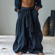 Calças masculinas de linho verão confortáveis/respiráveis casual férias diárias calças perna larga comprar usado  Enviando para Brazil