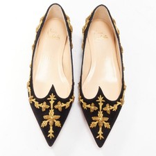 Sapatilhas CHRISTIAN LOUBOUTIN ouro preto bordado camurça couro pontudo UE35.5 comprar usado  Enviando para Brazil