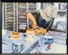 Usado, Pintura de pastelaria cena de padaria café chef arte original 15x19 emoldurada cinza comprar usado  Enviando para Brazil