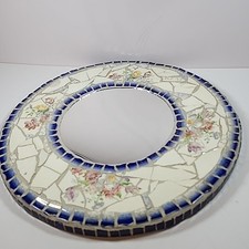 Espelho de mosaico artesanal porcelana quebrada azul branco floral 14,5" assinado em excelente estado usado  comprar usado  Enviando para Brazil