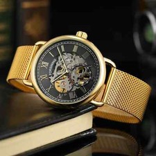 Relógio masculino mecânico esqueleto dourado preto corda manual cinto de malha estojo transparente comprar usado  Enviando para Brazil