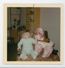 Menino no sofá com grande brinquedo de pelúcia de bicho de pelúcia poodle rosa.   Foto vintage comprar usado Menino no sofá com grande brinquedo de pelúcia de bicho de pelúcia poodle rosa.   Foto vintage comprar usado  Enviando para Brazil