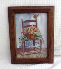 Ponto cruz feito à mão 7"' x 5" "Cadeira com flores". Moldura, face de plexiglas comprar usado  Enviando para Brazil