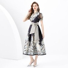 Vestido feminino 2024 moda floral gola V mangas folhadas gravata borboleta slim fit alargado  comprar usado  Enviando para Brazil