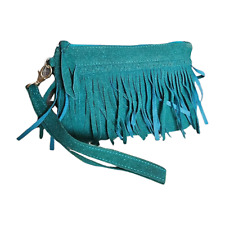 CARTERA PULSERA BOHO/WESTERN pequeña verde azulado flecos cierre de cremallera ranuras para tarjetas de crédito segunda mano  Embacar hacia Argentina