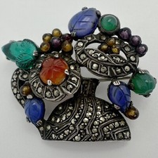 BROCHE VASO DE FLORES DE VIDRO PEDRA PRECIOSA SALADA DE FRUTAS MARCASSITA PRATA ESTERLINA ART DECO comprar usado  Enviando para Brazil