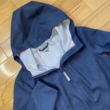 Jaqueta feminina com capuz longa de banco tamanho P azul marinho leve concha macia trench coat comprar usado  Enviando para Brazil