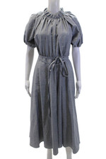 Vestido feminino CO algodão linho babado gola cinto manga folhada azul tamanho médio comprar usado  Enviando para Brazil