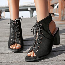 Sandálias femininas abertas peep toe salto robusto botas com cadarço sapatos de verão, usado comprar usado  Enviando para Brazil