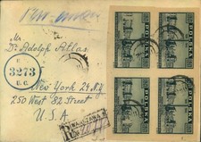 Używany, 1947, list polecony 10 Zt blok cztery z WARSZAWY do USA. polski cenzor. na sprzedaż  Wysyłka do Poland