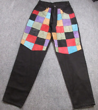 Vintage Machine Jeans Denim Patchwork 34x34 Colorblock Couro Hip Hop Preto Anos 80 comprar usado  Enviando para Brazil