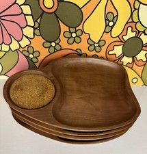 4 Vtg 60's Wooden Snack Sets Plates Hand Carved Symco Japan Mid-Century Decor comprar usado  Enviando para Brazil