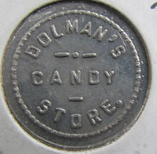 Dolman's Candy Store token Belleville ILLINOIS / Fairmount INDIANA 5c Gadżety na sprzedaż  Wysyłka do Poland
