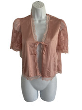 Jaqueta de cama babydoll feminina vintage anos 70 náilon rosa-malva pequena renda manga folhada EUA comprar usado  Enviando para Brazil
