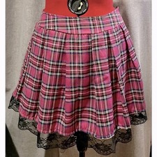 Hot Topic alargado rosa xadrez plissado escola menina alegria saia acabamento em renda Pequeno comprar usado  Enviando para Brazil