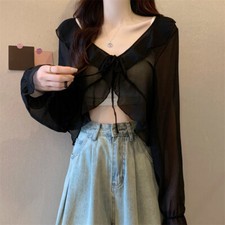 Blusa feminina de chiffon com babado xale cropped cardigã com cadarço fino fofo doce comprar usado  Enviando para Brazil