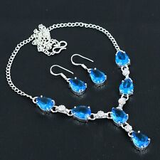 Collar de joyería de plata de ley 925 hecho a mano con piedras preciosas de topacio azul + juego de pendientes segunda mano  Embacar hacia Mexico