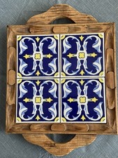 Usado, Bandeja mexicana 4 azulejos cerâmica rebite arte popular alças de madeira esculpidas vintage 11x14,5" comprar usado  Enviando para Brazil