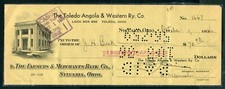 Cheque bancário SYLVANIA, OH ~ TOLEDO, ANGOLA & WESTERN RY Co., Farmers & Merchants comprar usado  Enviando para Brazil