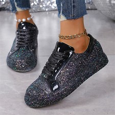 Tênis feminino lantejoulas cintilantes cabeça redonda com cadarço conforto liso sapatos casuais comprar usado  Enviando para Brazil