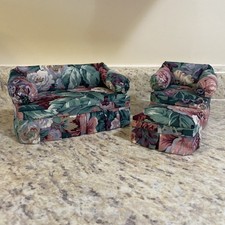 Sofá e cadeira estofados florais contemporâneos miniatura dollouse com otomano comprar usado  Enviando para Brazil