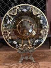 Placa de vidro âmbar boêmia 11” esmaltada dourada floral anel central levantado, usado comprar usado  Enviando para Brazil
