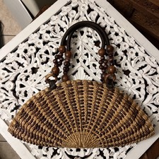 Bolsa de verão vintage década de 1970 ráfia madeira miçangas bolsa de couro com zíper Tailândia comprar usado  Enviando para Brazil