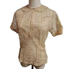 Blusa de malha de renda transparente vintage anos 40 e 50 tamanho 36 P M bege amarrar nas costas colarinho Peter Pan comprar usado  Enviando para Brazil