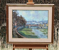 Landscape With River Bridge And City, Probably Italy, Oil On Canvas Painting, używany na sprzedaż  PL