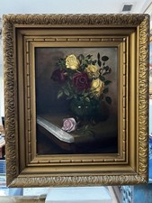 Antiga mesa superior de mármore floral óleo sobre tela natureza morta vermelha rosa rosas amarelas comprar usado  Enviando para Brazil