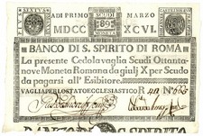 89 SCUDI CEDOLA BANCO DI SANTO SPIRITO DI ROMA 01/03/1796 SUP comprar usado  Enviando para Brazil