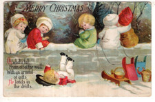 ANTIGO CARTÃO POSTAL DE NATAL (ELLEN CLAPSADDLE) CRIANÇAS SENTADAS NA PAREDE, TRENÓS comprar usado  Enviando para Brazil