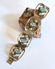 Antigo Bracelete Painel Articulado Taxco Prata Esterlina e Confete Opala Folha Vidro 7" comprar usado  Enviando para Brazil