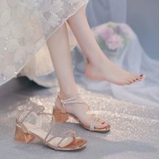 Sandálias femininas de salto baixo strass peep toe festa formatura sapatos com alça no tornozelo comprar usado  Enviando para Brazil