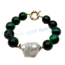 Usado, Pulseira de pérolas barrocas brancas Keshi miçangas redondas olhos de tigre verde 12 mm 7,5"" comprar usado  Enviando para Brazil