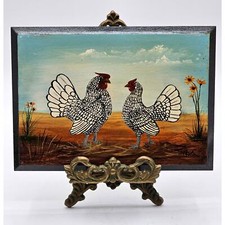 Arte de parede pintada à mão galo branco e galinha fazenda - 5x7 madeira artista assinado comprar usado  Enviando para Brazil