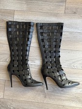 RARO Manolo Blahnik 37 Botas Femininas de Couro Preto Tecido Enjaulado Tamanho 6.5 comprar usado  Enviando para Brazil