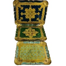 Juego de vajilla pintada a mano 3 bandejas florentinas vintage madera verde dorada Italia segunda mano  Embacar hacia Mexico