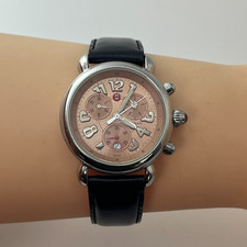 MICHELE MW Urban relógio cronógrafo fabricado na Suíça mostrador rosa pulseira de couro preto #586A comprar usado  Enviando para Brazil