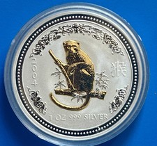 2004Australia 1oz 999 Srebro Lunar I Monkey/ Małpa Dwustronna pozłacana w kapsułce na sprzedaż  Wysyłka do Poland