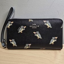 Carteira de pulso COACH F80307 festa coruja preta revestida de lona com zíper longo ao redor comprar usado Carteira de pulso COACH F80307 festa coruja preta revestida de lona com zíper longo ao redor comprar usado  Enviando para Brazil