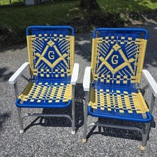 2 cadeiras dobráveis de macramê ouro azul emblema maçônico estrutura de alumínio acampamento gramado piscina comprar usado  Enviando para Brazil
