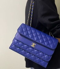 Bolsa tiracolo Chanel clássica aba tripla couro acolchoado ombro azul 26cm comprar usado  Enviando para Brazil