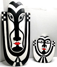 Placas de parede faciais de madeira esculpidas cor vibrante preto branco e vermelho lábios tribais vintage, usado comprar usado  Enviando para Brazil